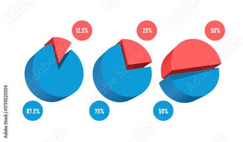 Three different blue and red pie charts: 12.5%-87.5%, 25%-75%, 50%-50%, all placed on a white background, vector 3d illustration isolated for infographic design