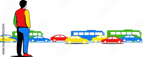 bright traffic lines up, a lone travelers watchful urban moment