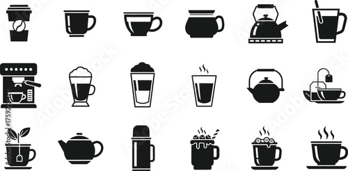 Collection of various coffee and tea beverage icons and silhouettes isolated on transparent background