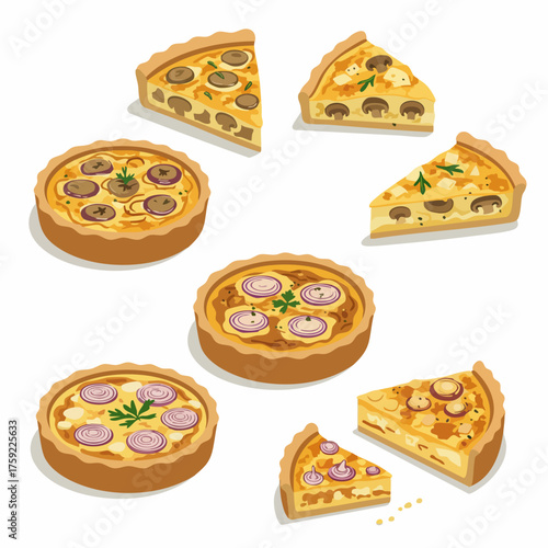 Isometric Delicious Quiche Collection Set Savory Tart Pie Pastry Illustration