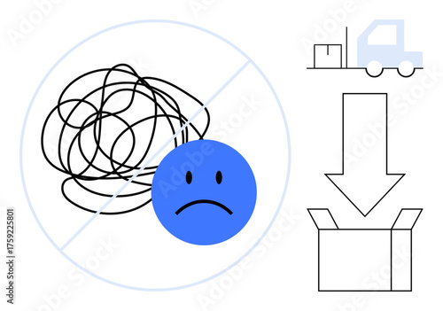 Sad emoticon over tangled lines, delivery truck, arrow pointing to open box. Ideal for organization, logistics, delivery, problem-solving, productivity simplicity decluttering. A simple flat