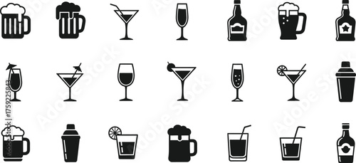 Collection of black and white silhouette icons representing various alcoholic and non alcoholic beverages isolated on transparent background