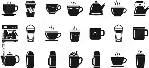 Collection of various coffee and tea cups mugs and kettles in black silhouette isolated on transparent background
