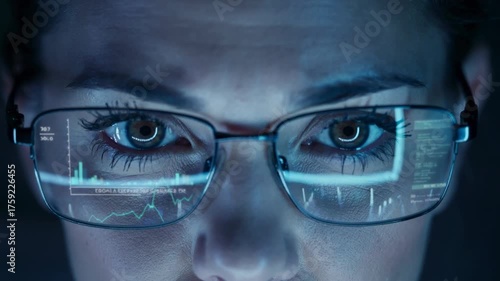 a woman with glasses and a white coat. It is located in front of a computer monitor that displays graphs, diagrams, and lines of blue code. The light from the monitor is reflected on the woman's face,