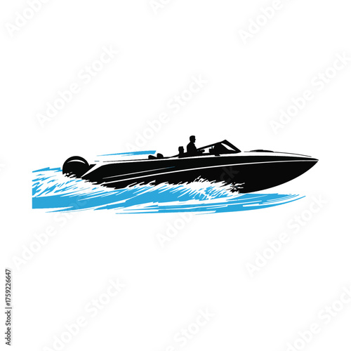 Black speedboat cutting through blue water waves, isolated on white background