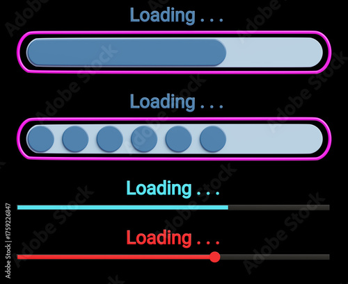 Set of Blue Loading icon isolated on black background. System software update and upgrade concept. 3d render