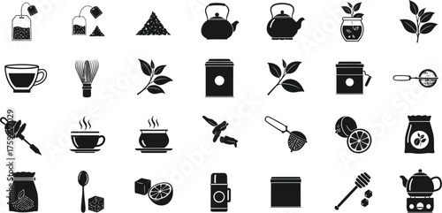 Collection of black and white silhouette icons representing tea ceremony and tea preparation isolated on transparent background