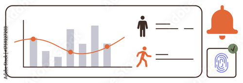 Bar and line graph, human icons, running figure, biometric scanner, and notification bell. Ideal for data monitoring, health tracking, analytics, user management security digital alerts simple