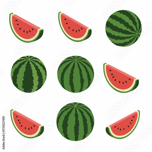 Flat Style Detailed Watermelon Slice and Whole Fruit Illustration Set