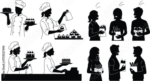 Chef, cake, bakery, pastry, packaging, gifting, food, dessert, vector, illustration, customer, interaction, black, white, icon, cooking, exchange, tray, box, counter, celebration, smile