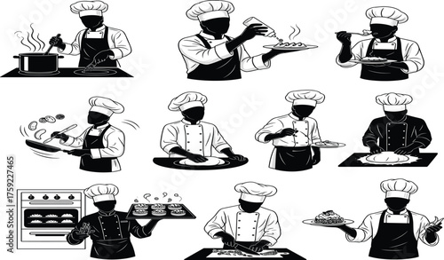 Chef icon set, silhouette cooking actions, stirring, plating, baking, seasoning, kneading, black and white culinary illustration, kitchen activity grid