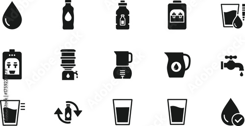 Collection of water related icons including a water drop bottles jugs dispensers and faucets isolated on transparent background
