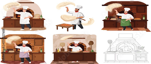 Chefs making pizza, tossing dough, preparing ingredients, cooking in kitchen, wood-fired oven, culinary art, , food preparation, teamwork