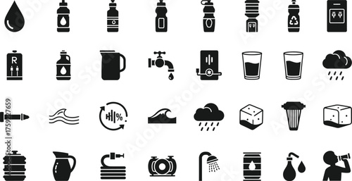 Collection of black water related icons and symbols isolated on transparent background