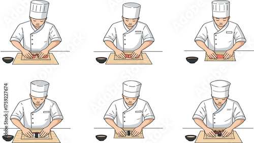 Chef, sushi, Japanese cuisine, culinary, food preparation, kitchen, cooking, professional chef, sushi making, restaurant, seafood, hands, precision, technique, wooden board, black bowl, uniform, hat, 