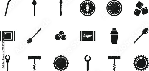 Collection of cocktail bar tools and ingredients icons isolated on transparent background