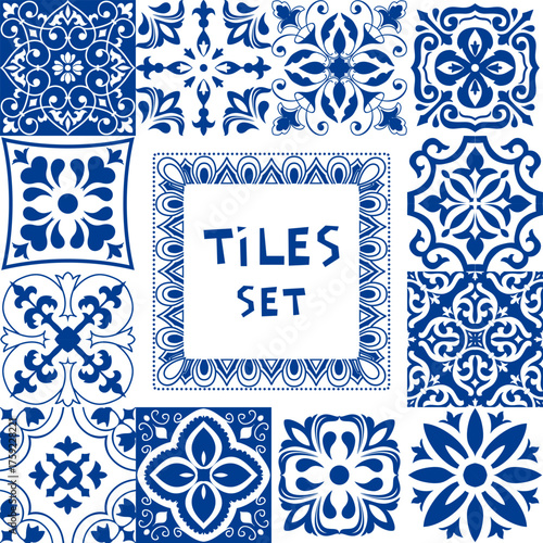Set of tiles Azulejos in blue, white. Original traditional Portuguese and Spain decor. Seamless patchwork tile with Victorian motives. Ceramic tile in talavera style. Gaudi mosaic. Vector