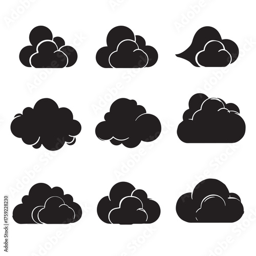 Collection of nine black cloud icons isolated on white background