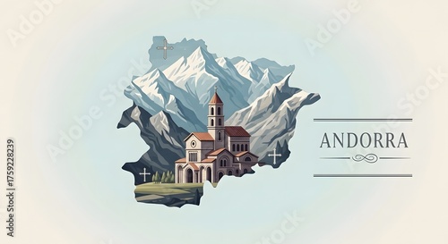 An artistic travel illustration showing a historic church and snow-covered peaks contained within the map outline of a European principality