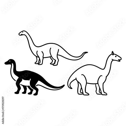 Three stylized dinosaur illustrations in black and white on a white background
