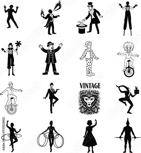 Circus icon set, vintage silhouettes, clown, magician, performer, hula hoop, unicycle, mask, dynamic poses, entertainment art, black and white illustration