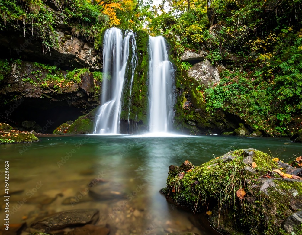 Fototapeta premium A multi-tiered waterfall cascades into a serene pool