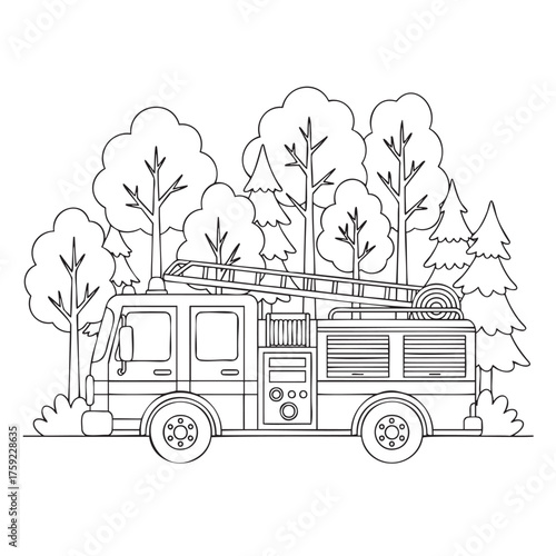 Fire Truck in the Forest: A meticulously detailed illustration captures a fire truck amidst a backdrop of lush forest trees, symbolizing courage, safety, and community service.