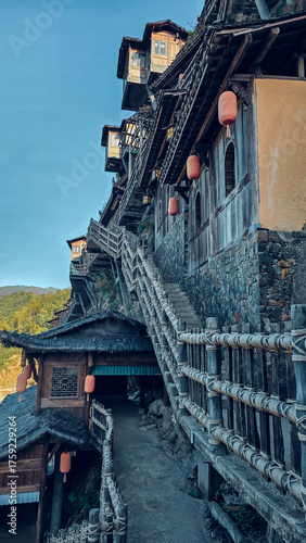 Wangxian Valley a village with a history of more than a thousand years is located in Shangrao City, Jiangxi Province.It is an AAAA class tourist attraction in China.A railing made from logs and ropes.