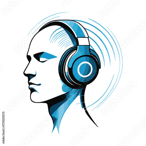 Profile of a man wearing headphones with sound waves emanating from them, isolated on white background