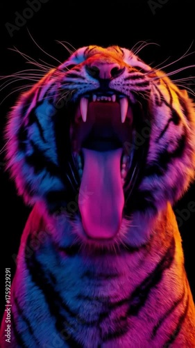 Neon-lit tiger with open mouth, vivid rainbow fur against a deep black background, dramatic stance!!