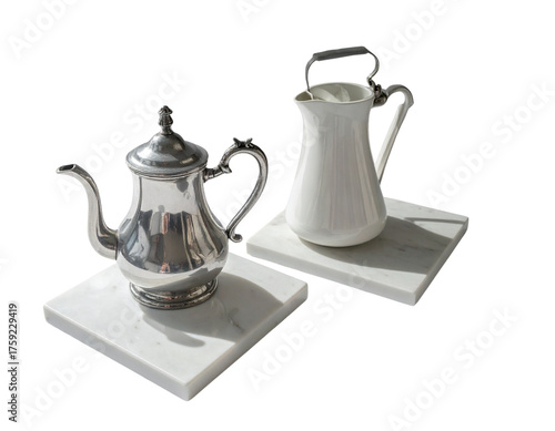 Elegant Silver Teapot on Marble Tray in Sunlit Room isolated on transparent background