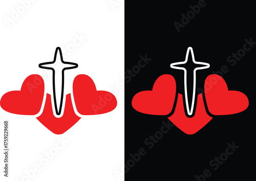 Stylized graphic combining a heart with a bold cross and a central pulse line, presented in black and white variations against contrasting backgrounds, conveying themes of faith, love, life, health, a