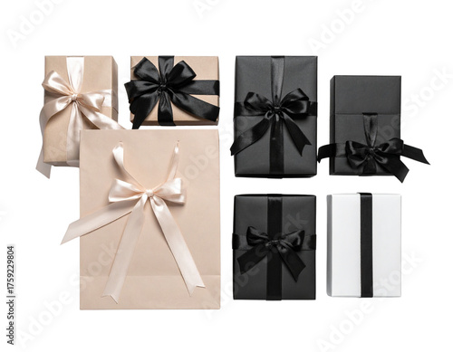 Minimalist Retail Packaging Set with Elegant Gift Boxes and Designer Bags isolated on transparent background