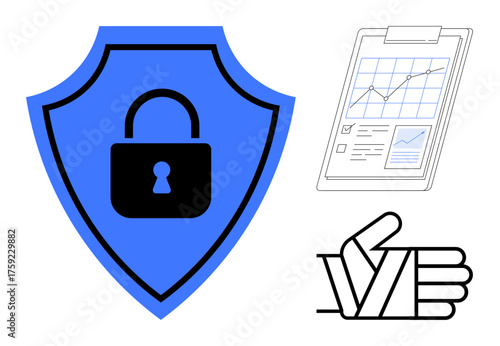 Blue shield with padlock, clipboard displaying graph and data, hand showing wrapped protective sign. Ideal for security, protection, data analysis, privacy, trust reliability safety. Simple flat