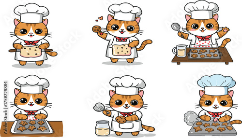 Cute cat chef baking cookies, cartoon illustration, feline cooking character, whisking dough, cookie tray, milk jar, bakery kitchen, adorable pet art