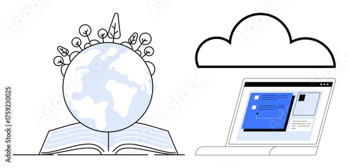 Earth surrounded by plants on an open book, a laptop with a digital document, and a cloud. Ideal for education, technology, sustainability, e-learning, innovation ecology digital transformation. A