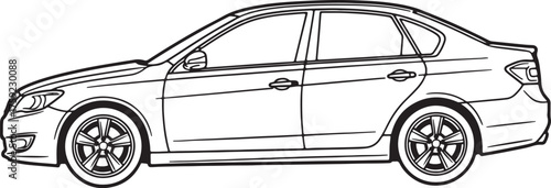 Black and white line drawing of a modern sedan car viewed from the side automobile vehicle on transparent background