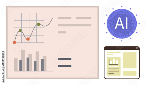 Analytical graphs and charts highlight data insights. Includes AI technology, machine learning, and web interface. Ideal for technology, innovation, business growth, strategy, automation