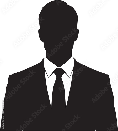 Silhouette of a man in a suit and tie on a white background Keywords: silhouette, man, suit, tie, business, professional, formal, portrait, headshot, person, male, avatar, on transparent background