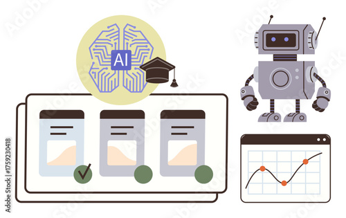 Brain-inspired AI with neural circuitry, robot figure, data charts, and options checkboxes. Ideal for education, AI research, automation, data analysis, robotics innovation and decision-making