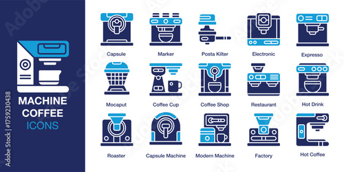 Machine Coffee Icon set. Containing barista, cafe, cappuccino, latte, brewer and more. Solid vector icons collection. Vector illustration.