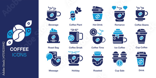Coffee Icon set. Containing americano, macchiato, mocha, ristretto, lungo and more. Solid vector icons collection. Vector illustration.