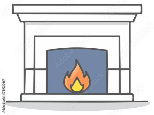Simple line art illustration of a cozy fireplace with a warm burning fire inside