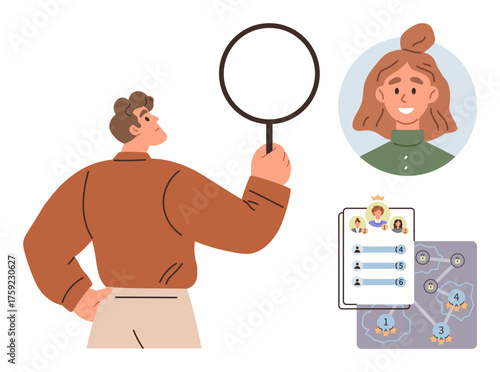Man holding magnifier investigating ranking list and user profile. Ideal for recruitment, evaluation, gamification, leaderboard, team management, career growth, analytics. Simple flat metaphor