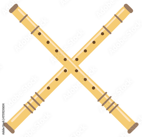 Two wooden flutes crossed to form an X shape, with brown rings and dark holes