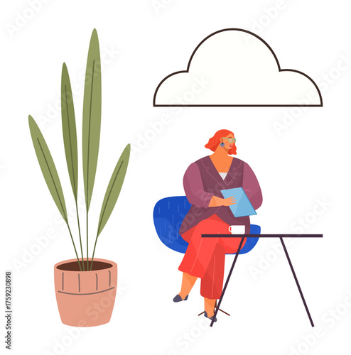 Woman sitting on chair reading documents on a desk with coffee cup, next to a tall potted plant and cloud icon. Ideal for productivity, creativity, office work, balance, eco-workspaces, learning