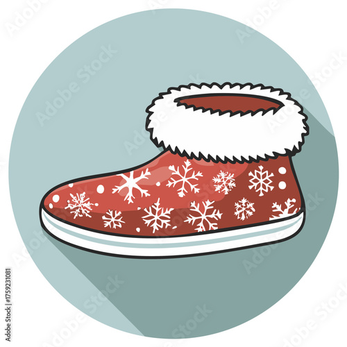 Cozy red holiday slipper with white snowflakes and fluffy fur cuff perfect for winter comfort
