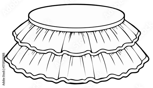 Ruffled tiered skirt black and white outline illustration for coloring book