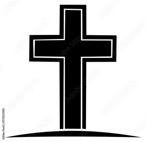 Black Christian cross symbol standing on a subtle ground line simple graphic