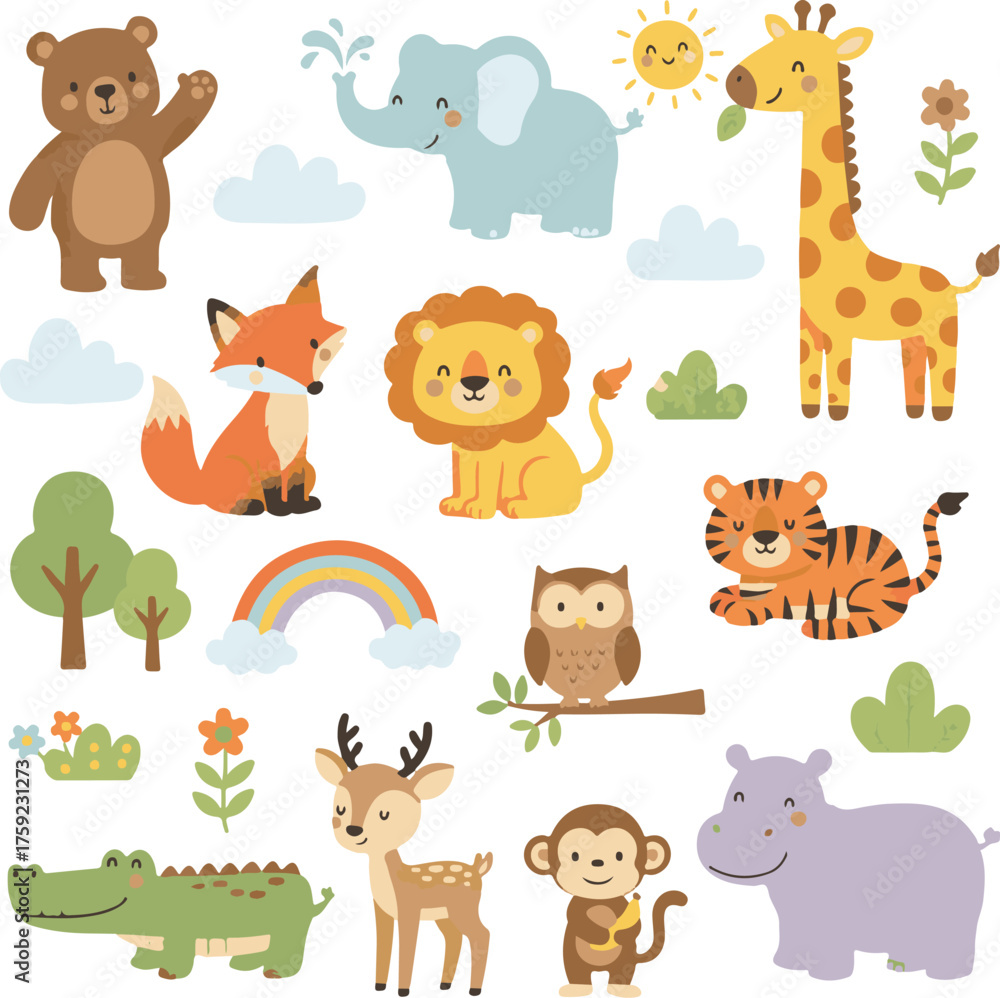 Obraz premium Cute baby animal cartoon vector set illustration featuring a lion, elephant, horse, cow, giraffe, bear, tiger, sheep, pig, and rabbit on a farm safari